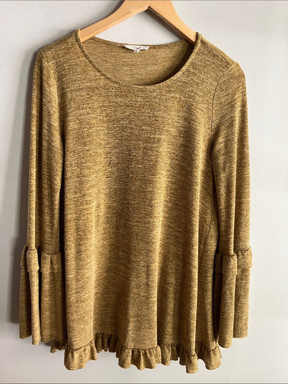 Easel Mustard Heather Ruffle Hem Bell Sleeve Tunic Top Boho Soft S